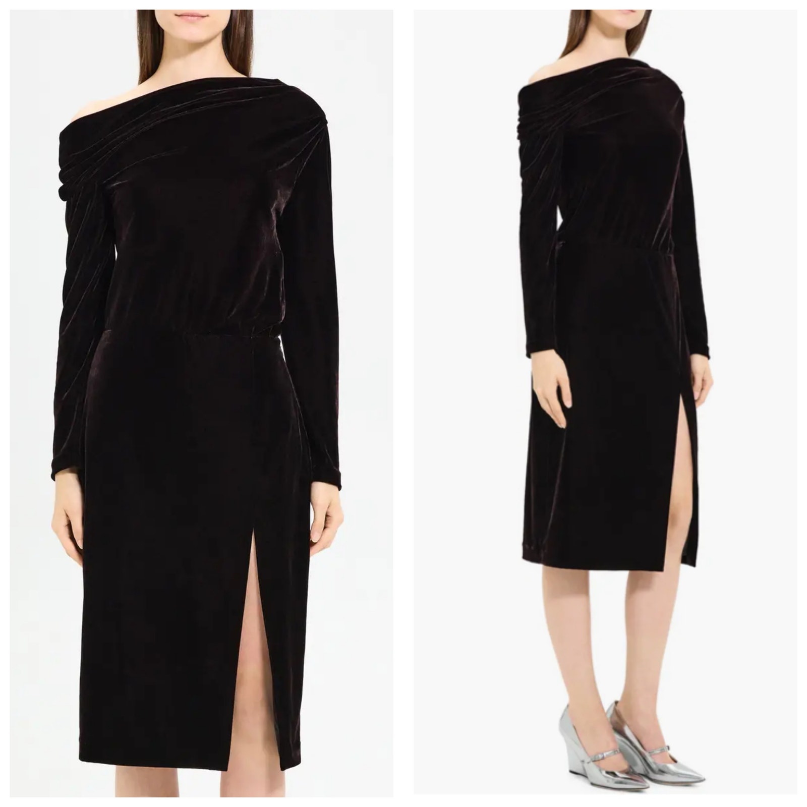 Theory Off The Shoulder Long Sleeve Stretch Velvet Dress Size 4 Asymmetric Nwt